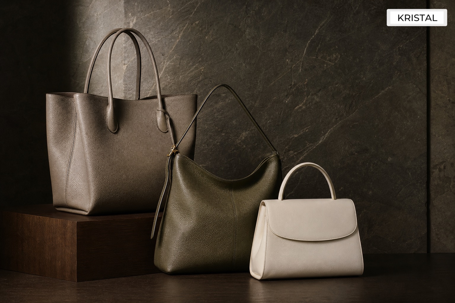 Editorial featured image for selling Loro Piana bags in Malaysia: taupe tote, olive shoulder bag, and ivory top-handle bag on a dark walnut plinth