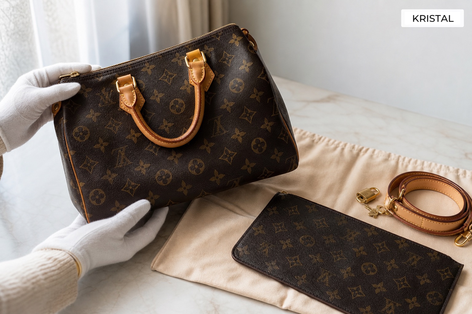 Photorealistic luxury handbag and accessories arranged for a condition and completeness review