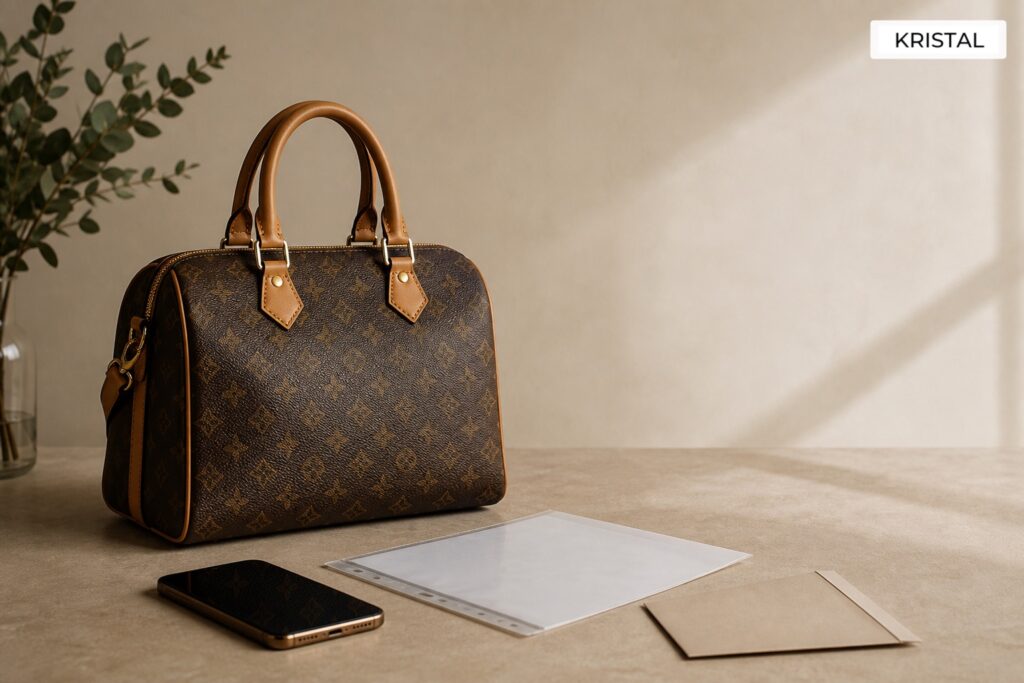 Photorealistic Louis Vuitton-style luxury handbag with a phone and blank documents for a Malaysia selling guide