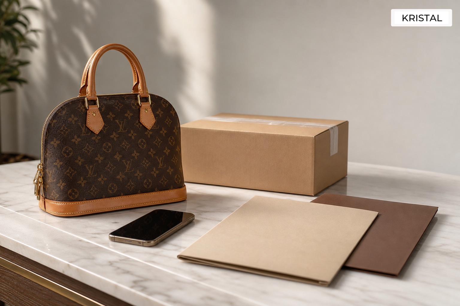 Photorealistic luxury handbag with a parcel, phone and blank folders suggesting buyback or consignment choices