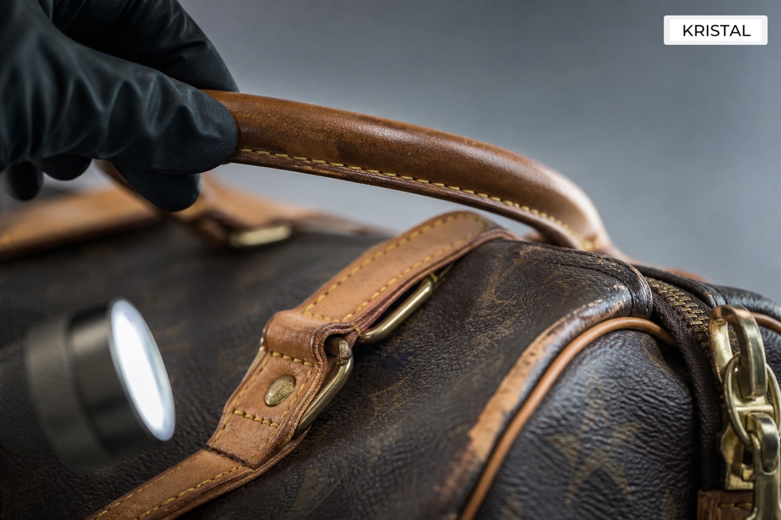 Editorial inline image showing close Louis Vuitton-style valuation inspection of handles, glazing, corners, and hardware in Malaysia