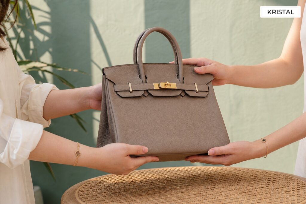 Two hands handing over a neutral premium handbag beside a sea-green wall and woven surface
