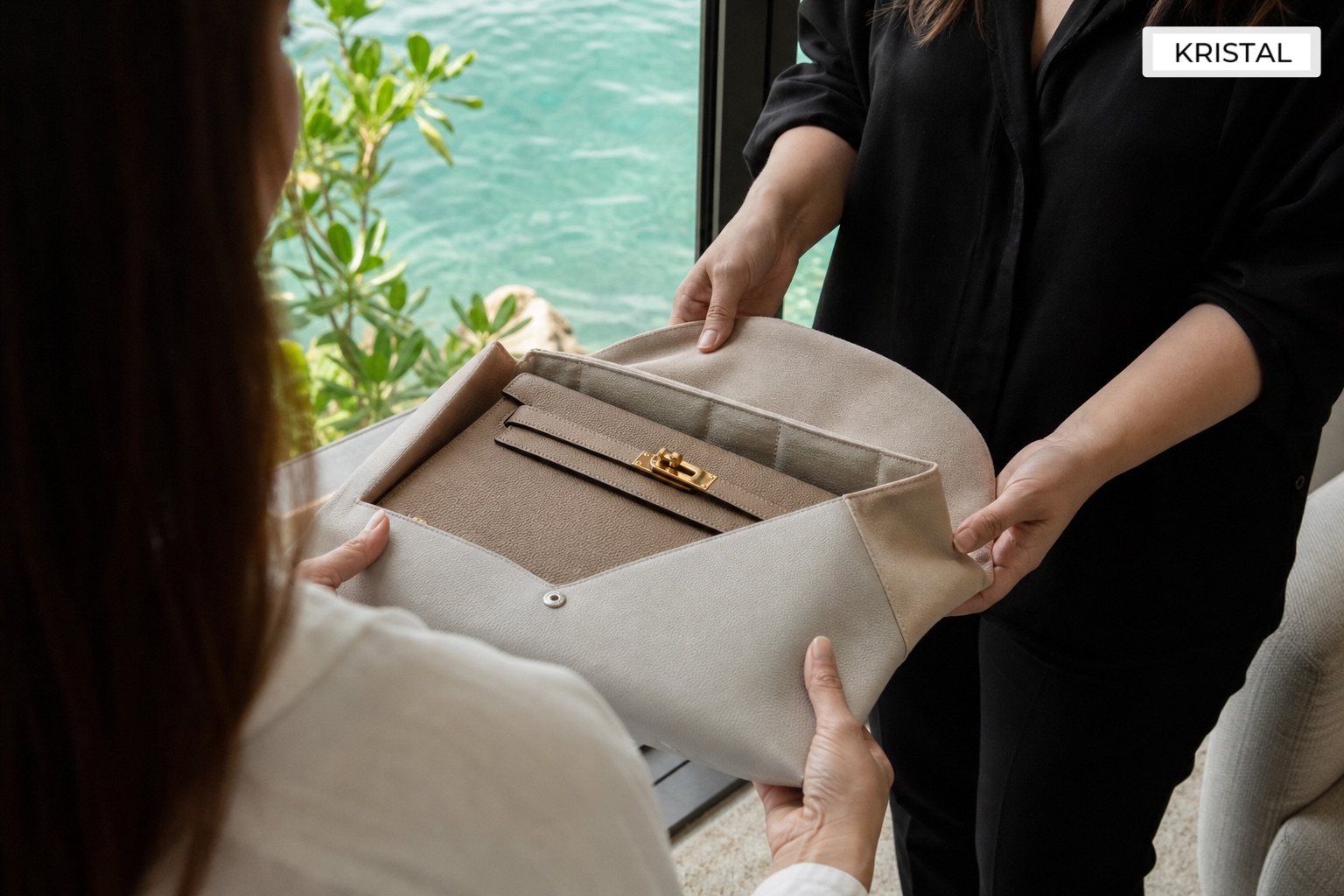 Premium handbag prepared in a protective sleeve near a bright coastal window