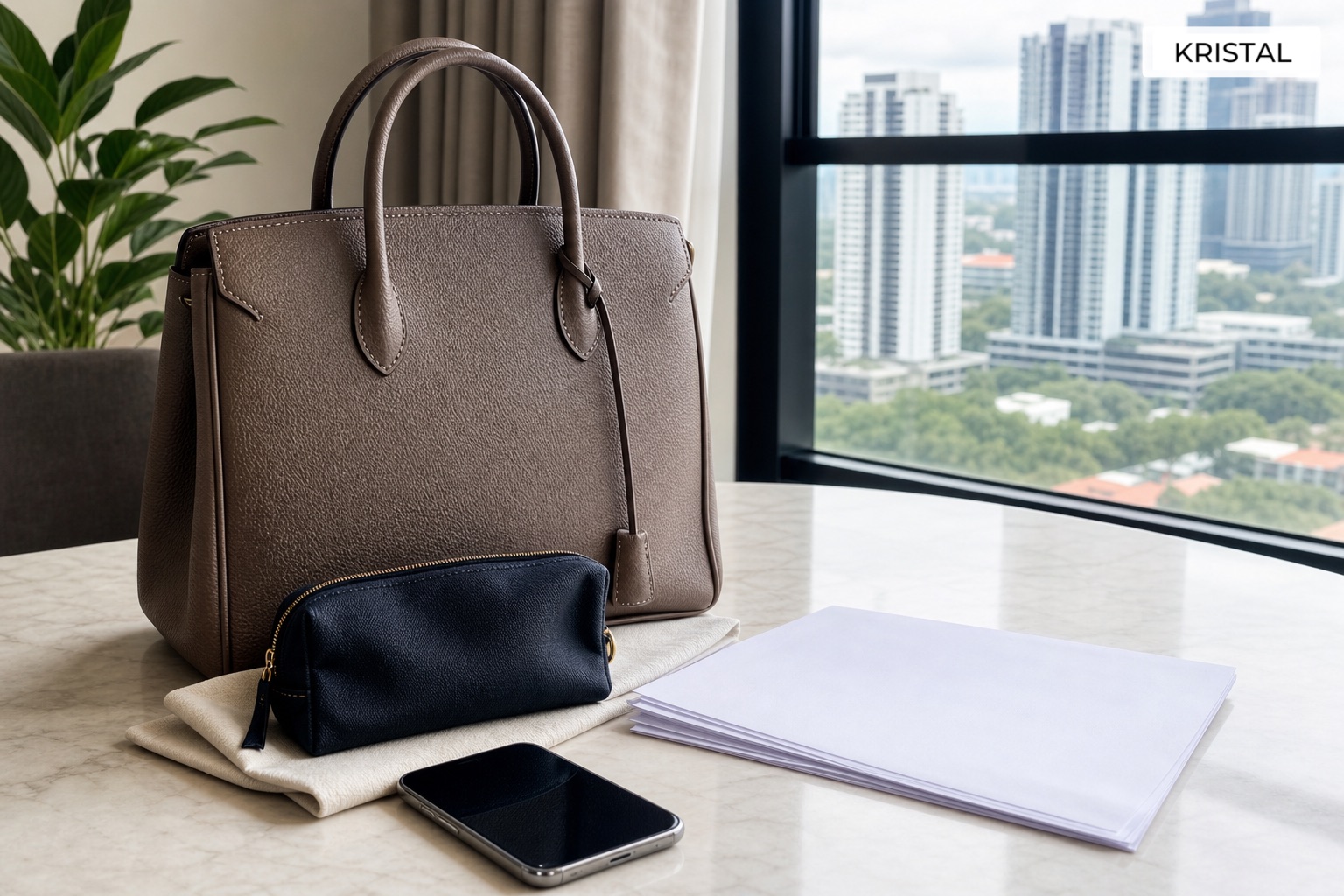 Neutral luxury handbag, phone and seller documents prepared for a Petaling Jaya enquiry