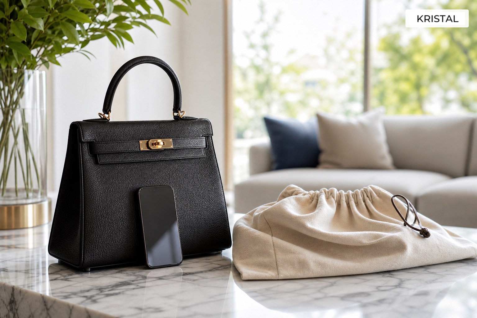 Luxury handbag with phone ready for remote review and dust bag ready for handover