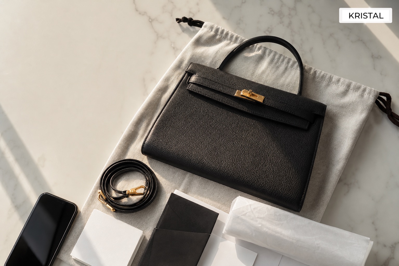 Luxury handbag, strap, dust bag and documents arranged as a prepared seller handover set