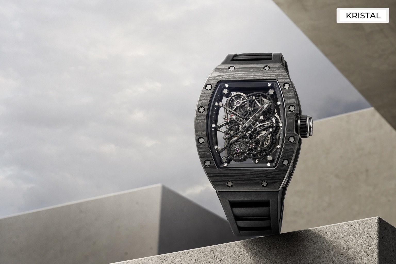 Editorial featured image for selling Richard Mille watches in Malaysia: a tonneau-shaped skeleton watch on a restrained concrete architectural set