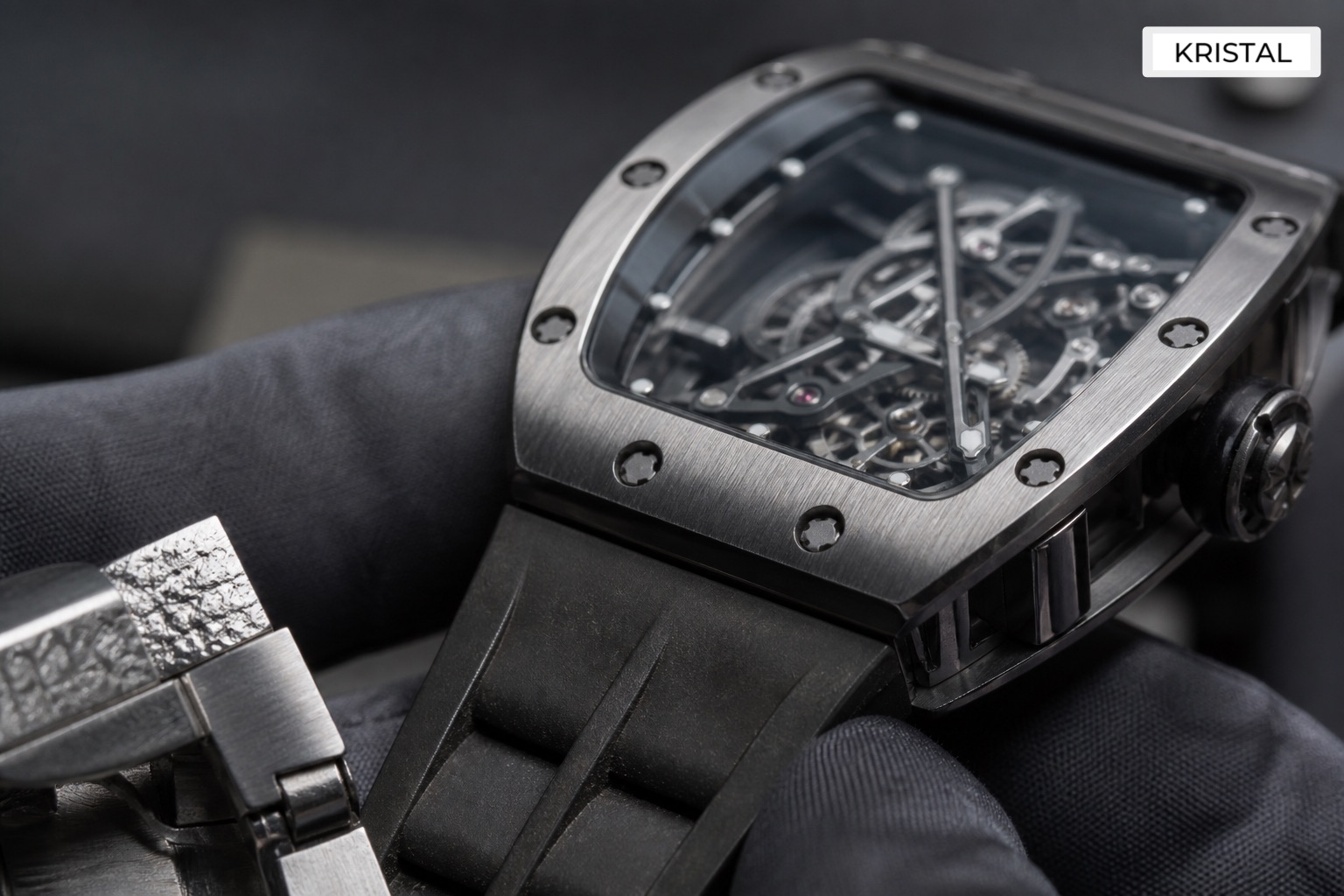 Editorial inline image showing close Richard Mille valuation inspection of case screws, crystal, strap, and buckle details in Malaysia