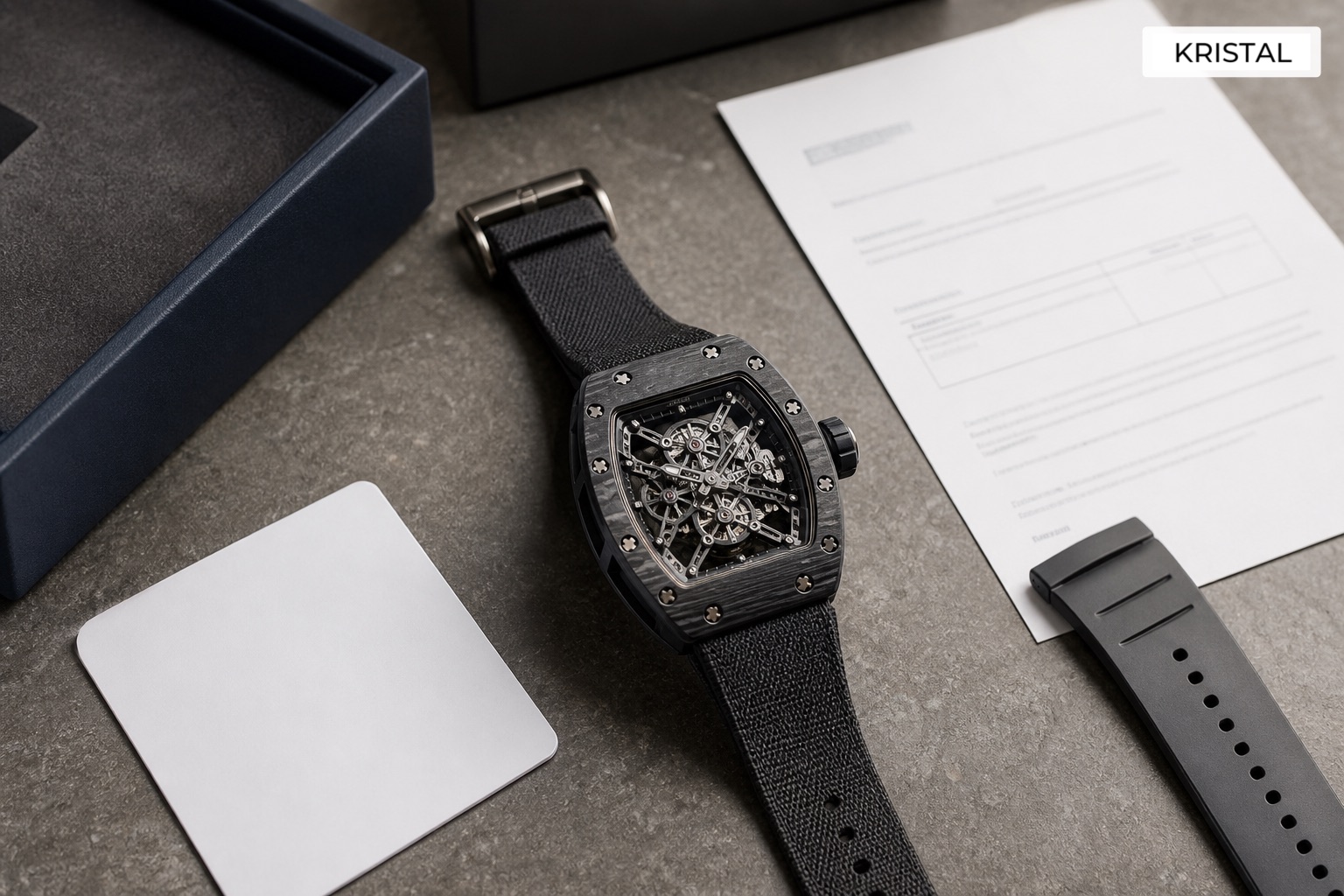 Editorial inline image showing a Richard Mille valuation file with warranty card, service papers, box elements, and accessories arranged for review in Malaysia