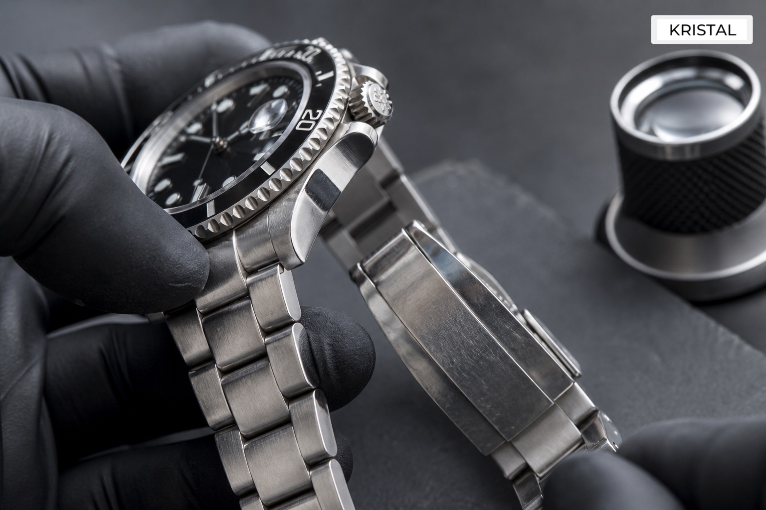 Editorial inline image showing close Rolex-style valuation inspection of bezel, case edges, clasp, and bracelet condition in Malaysia
