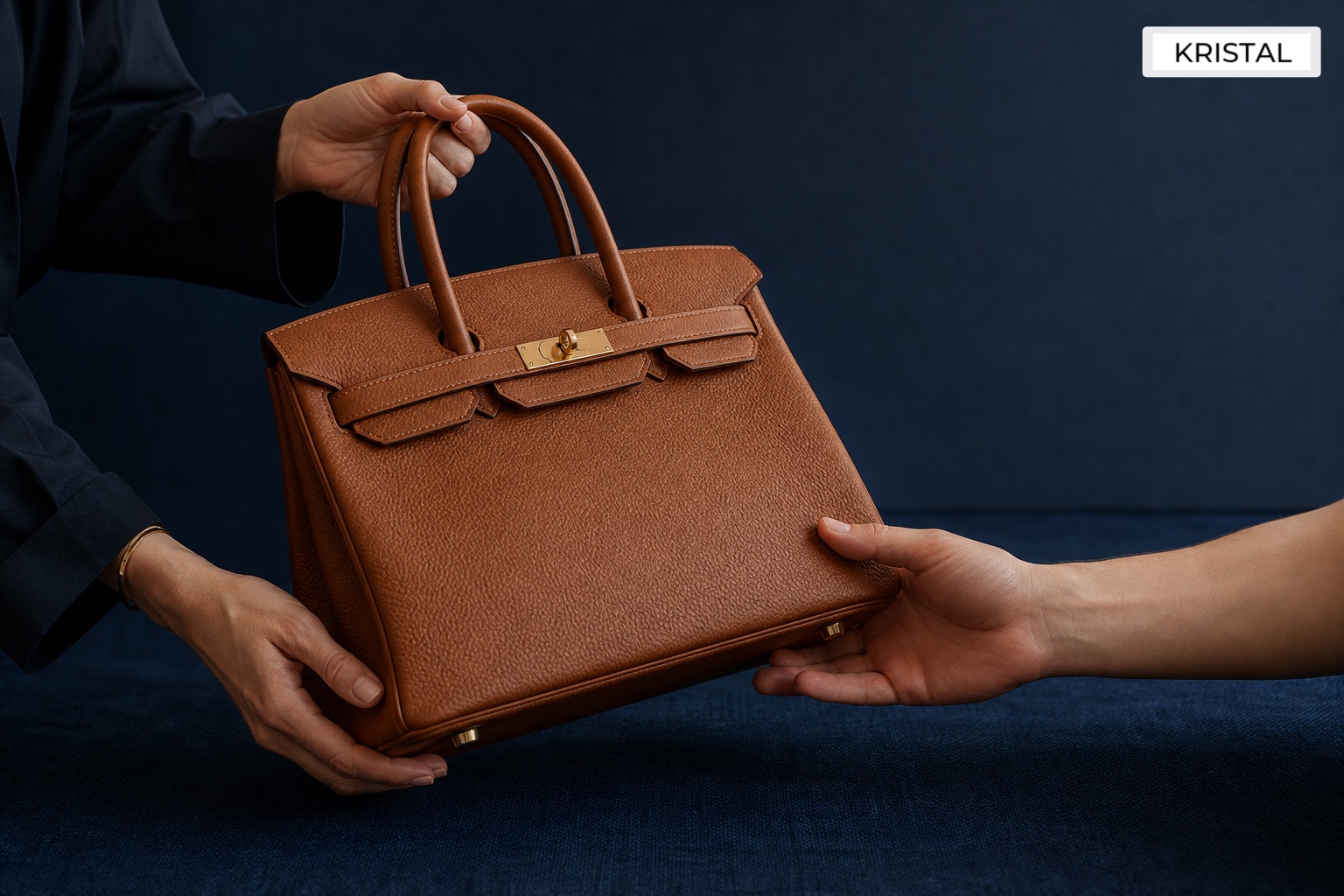 Two hands handing over a premium handbag on deep navy fabric