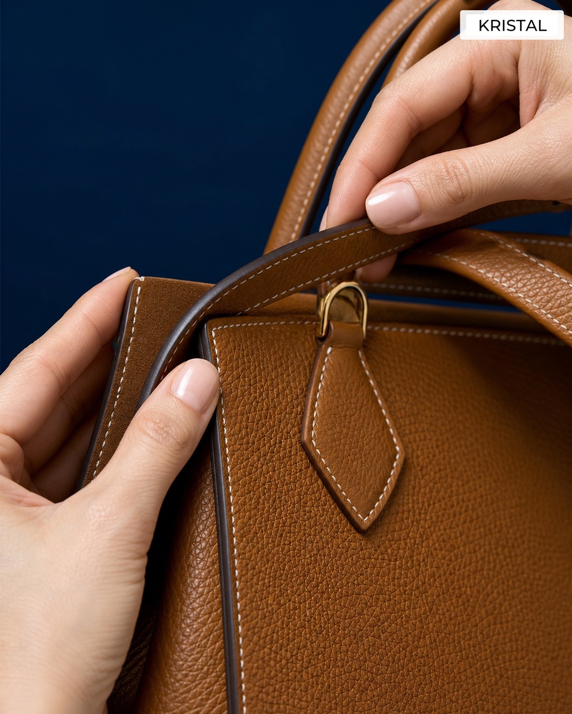Close-up inspection of handbag edge paint, handle attachment and stitching during a handover