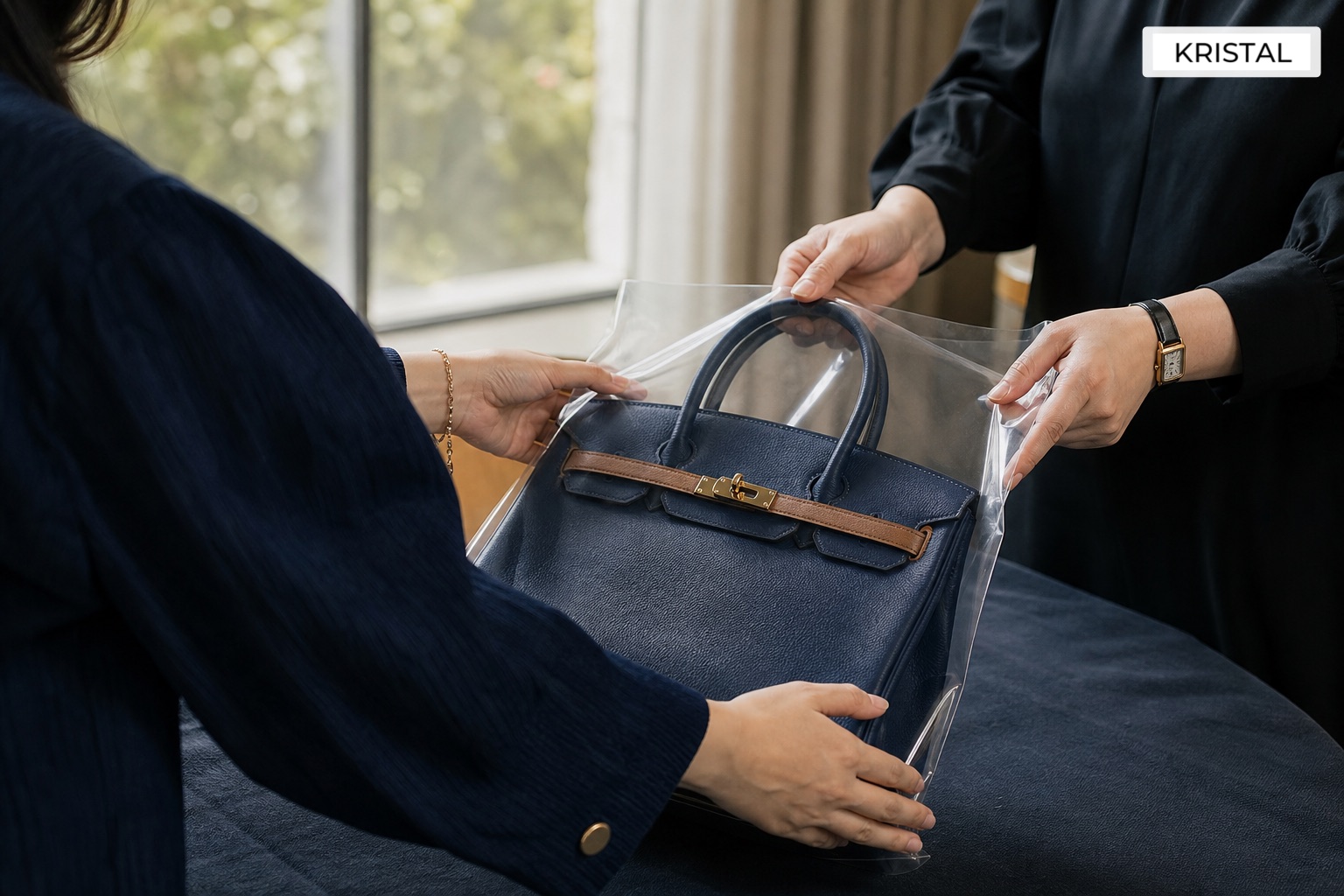 Premium handbag placed into a protective sleeve during a calm seller handover