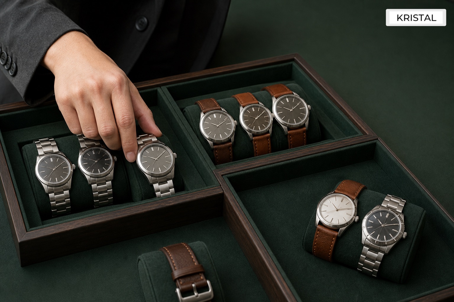 Inline image showing a luxury watch collection sorted into separate review groups before selling in Malaysia