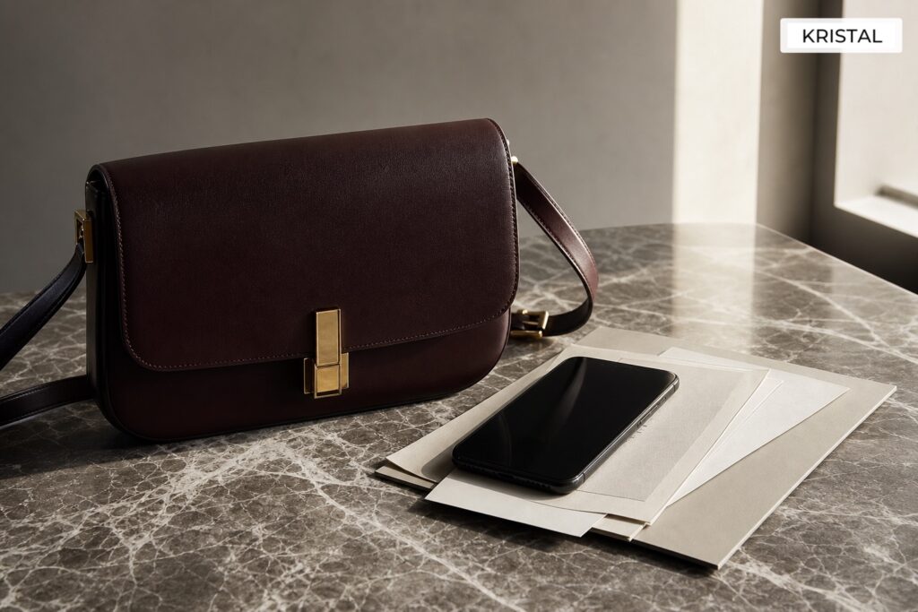 Photorealistic minimalist luxury shoulder bag with phone and seller documents on a stone tabletop