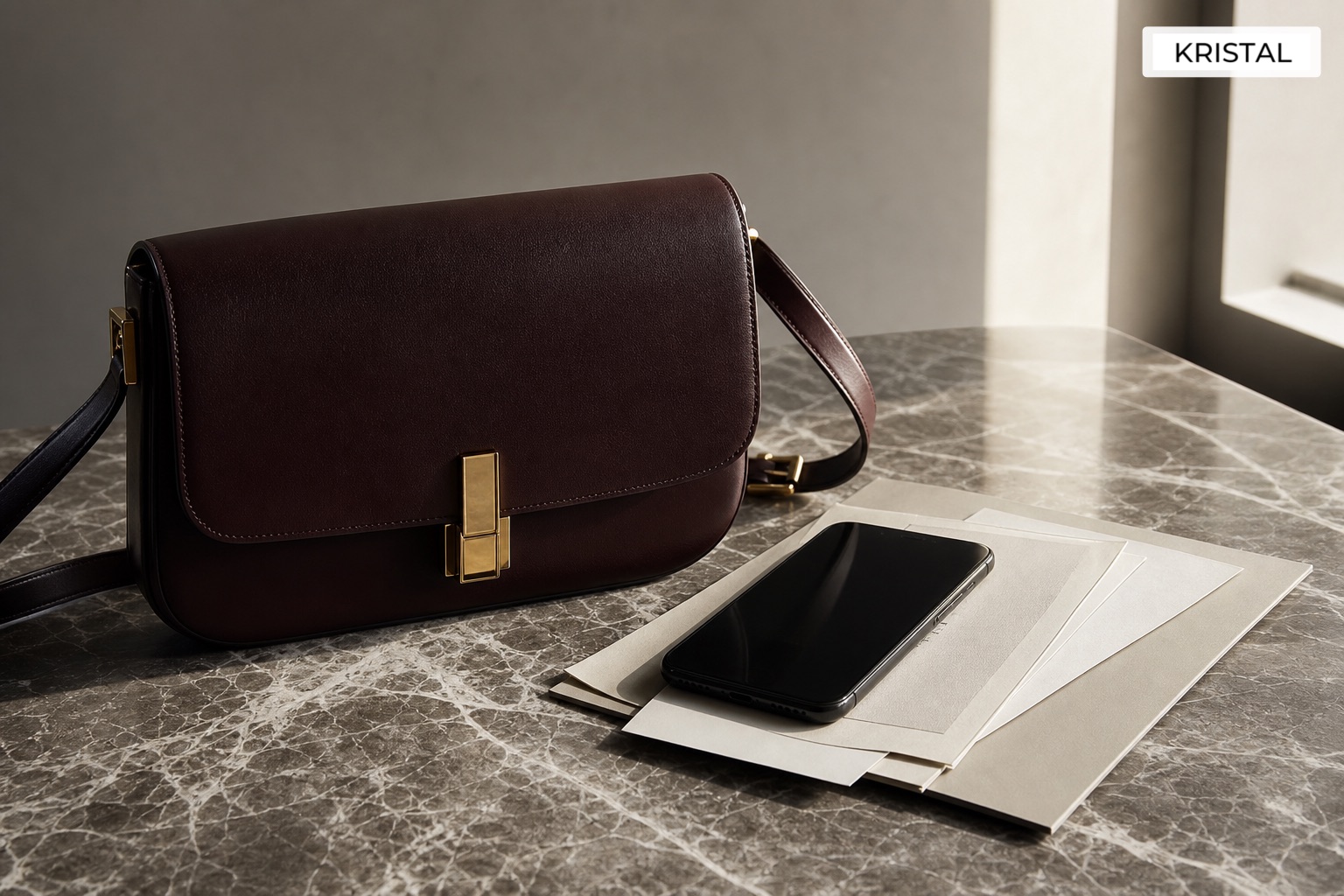 Photorealistic minimalist luxury shoulder bag with phone and seller documents on a stone tabletop