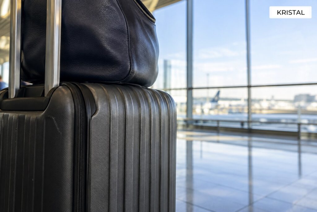 Illustrative cropped handbag exterior resting above a cabin roller