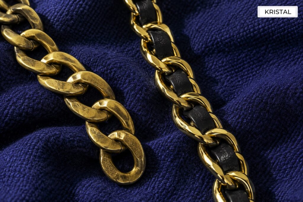 Illustrative all-metal chain beside a leather-threaded chain