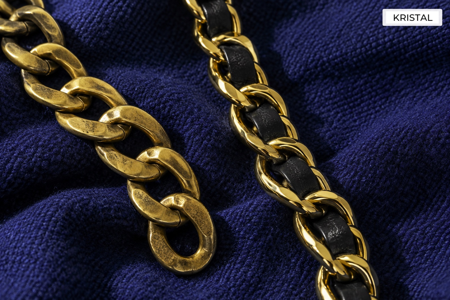 Illustrative all-metal chain beside a leather-threaded chain