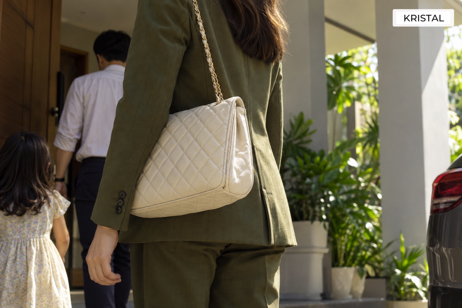 AI-generated illustrative image of a bag carried during an ordinary outing; not Kristal inventory.