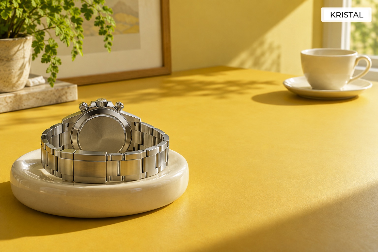 Illustrative chronograph resting on a dry ceramic dish away from a cup