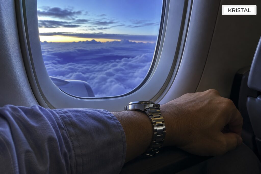 Illustrative travel scene showing a steel watch beside an aircraft window