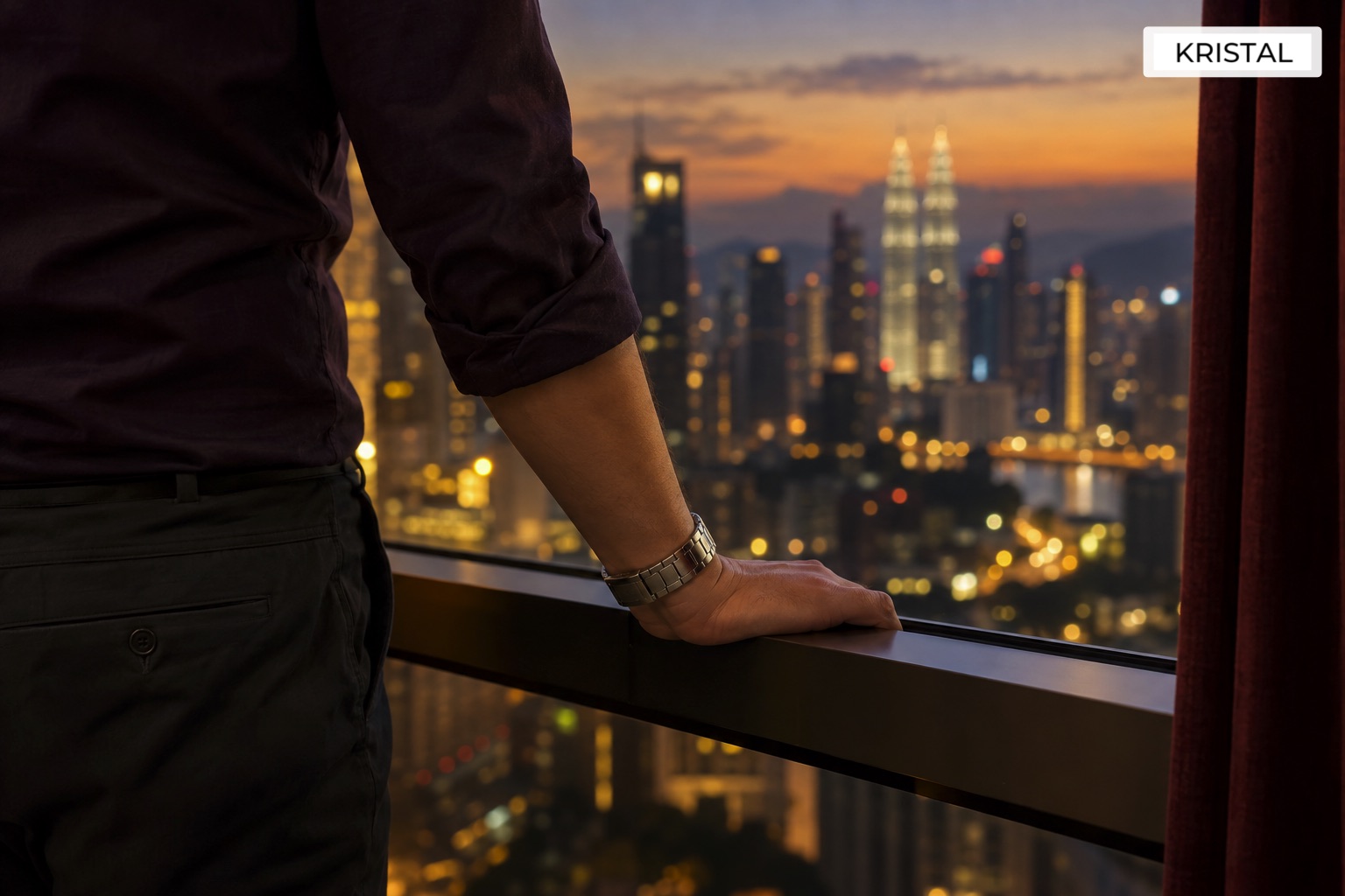 Illustrative evening travel scene with a watch-wearing hand by a city window