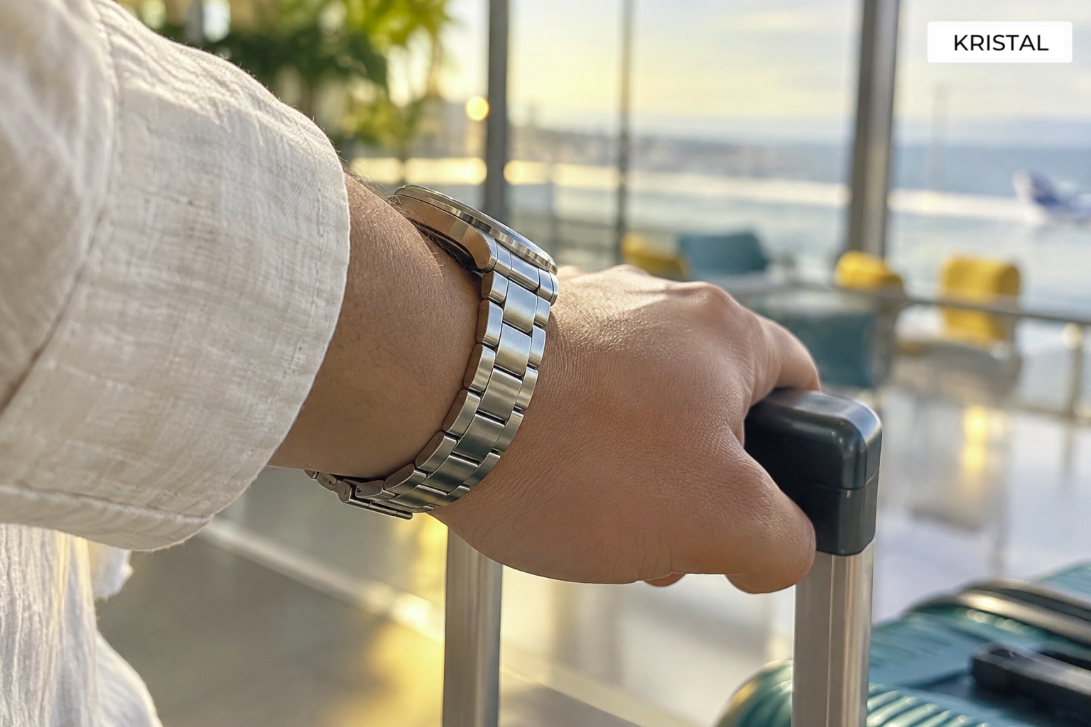 Illustrative close-up of a steel watch and a traveller holding a suitcase handle