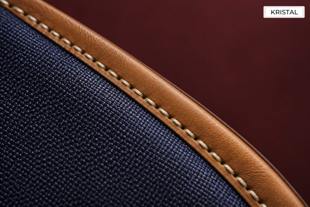 Illustrative textile sample joined to a leather trim with a stitched seam
