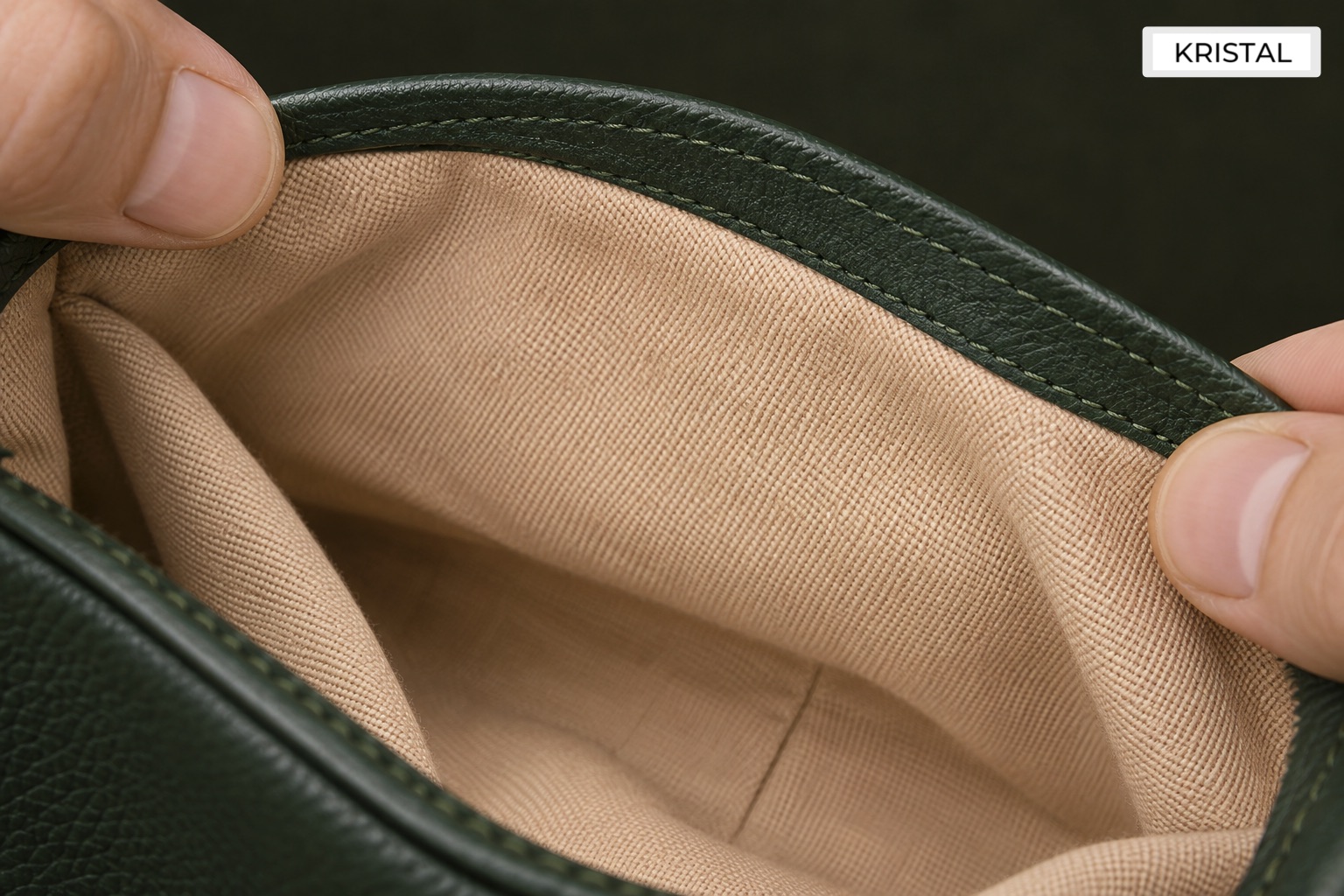 Hands holding a construction sample with leather edging and textile lining