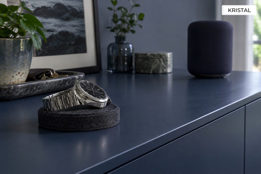 Conceptual illustration of a wristwatch on a soft rest, separate from a home speaker