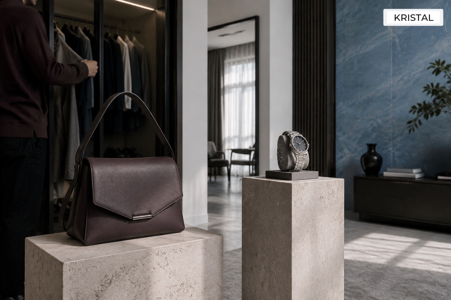 Unbranded luxury bag and watch displayed separately in an airy Malaysian collector room