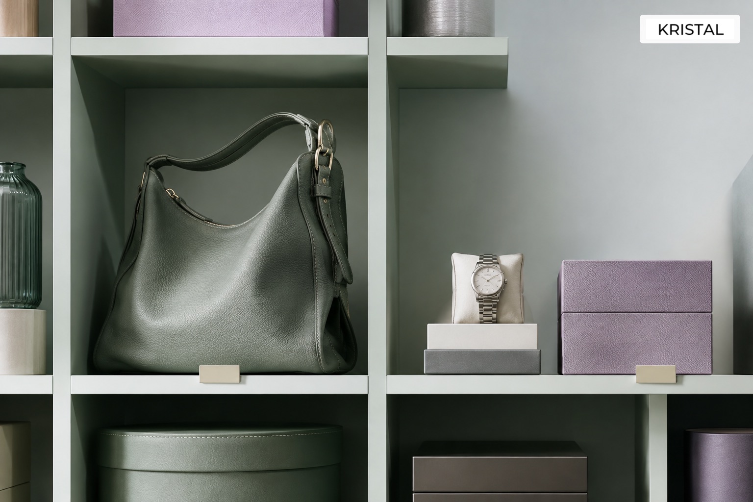 Luxury bag, watch and matching accessories organised in separate shelving compartments