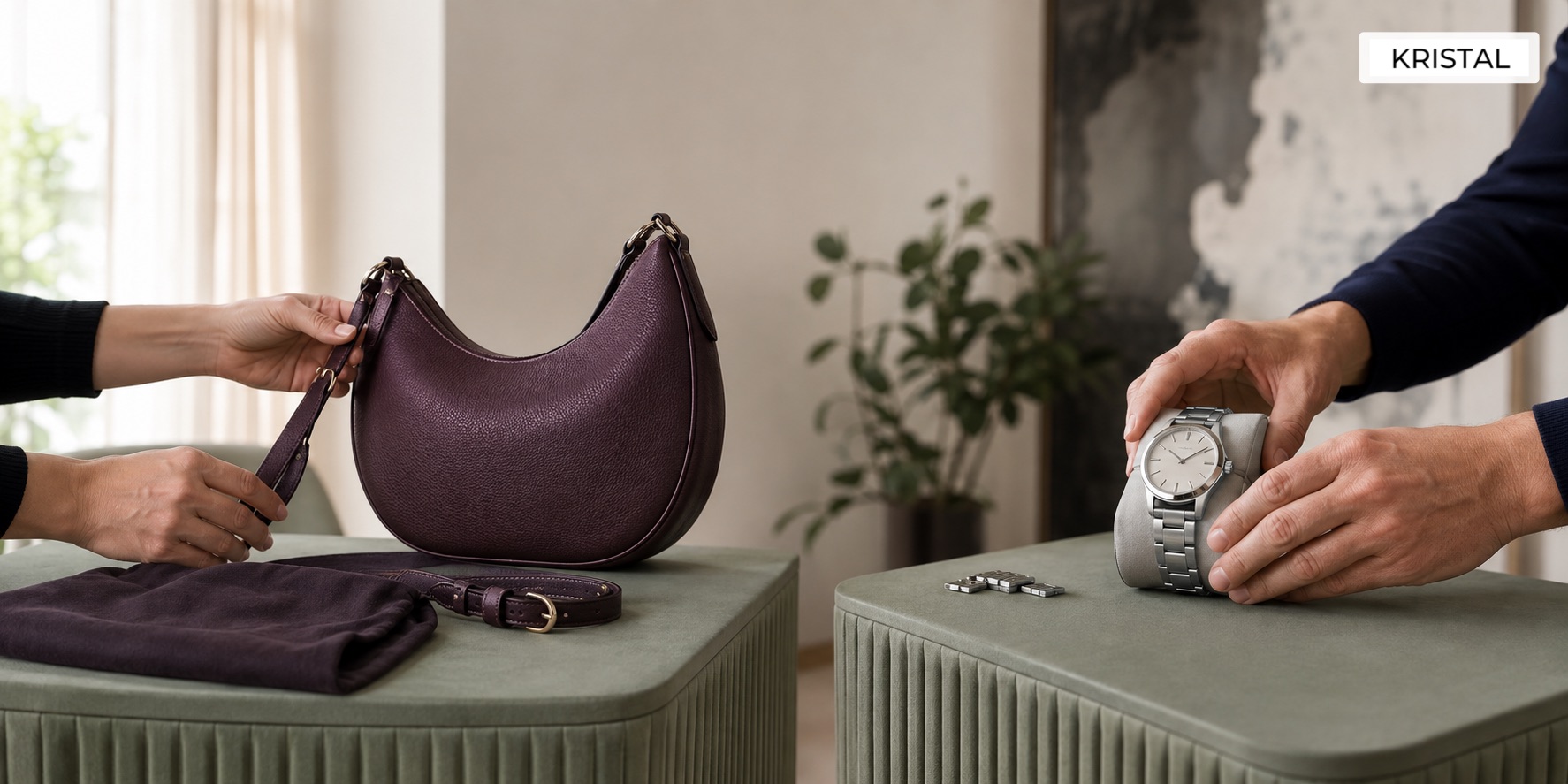 Hands preparing an unbranded luxury bag and watch at separate item stations