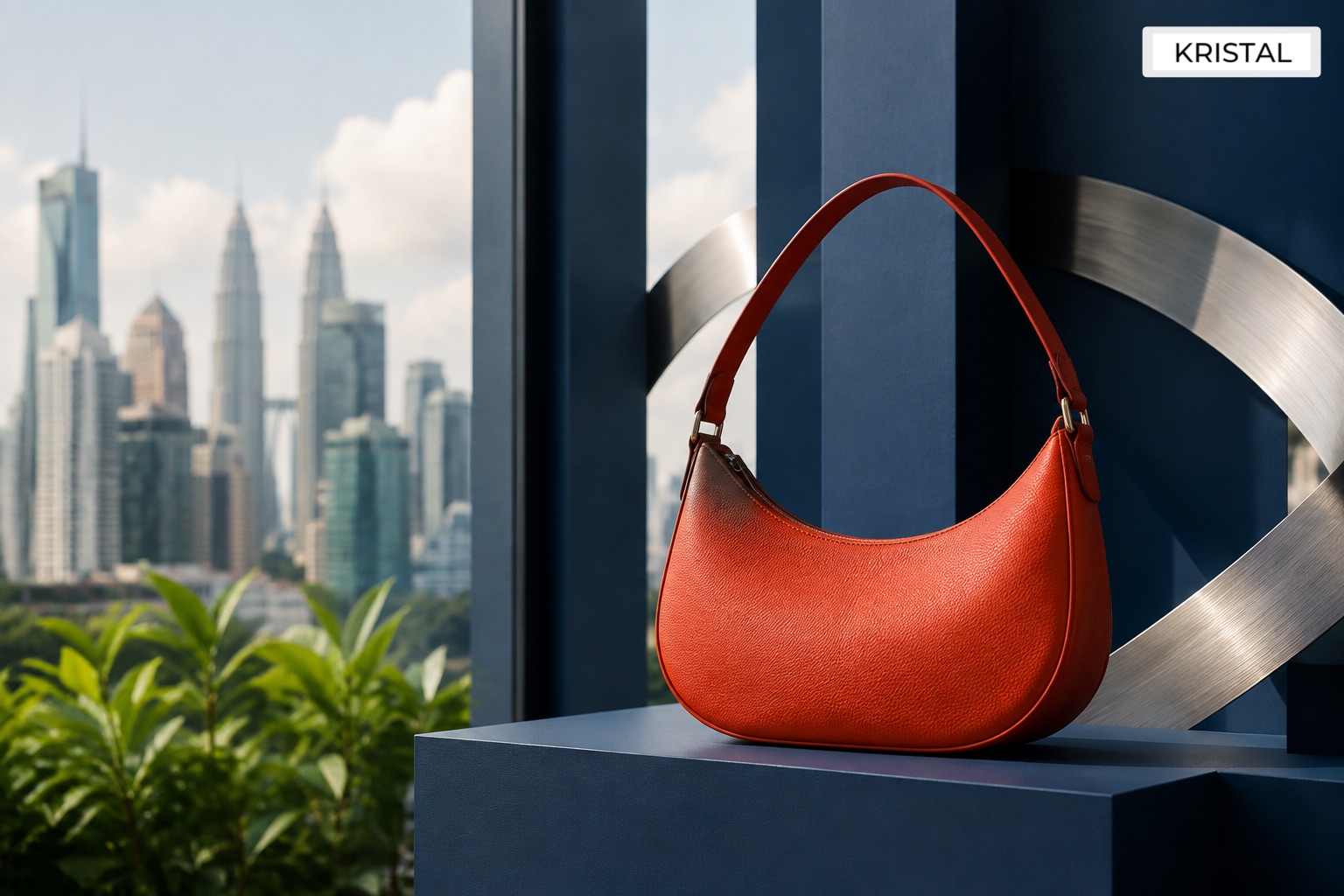 Unbranded crescent shoulder bag beside abstract market-flow sculpture with Kuala Lumpur skyline