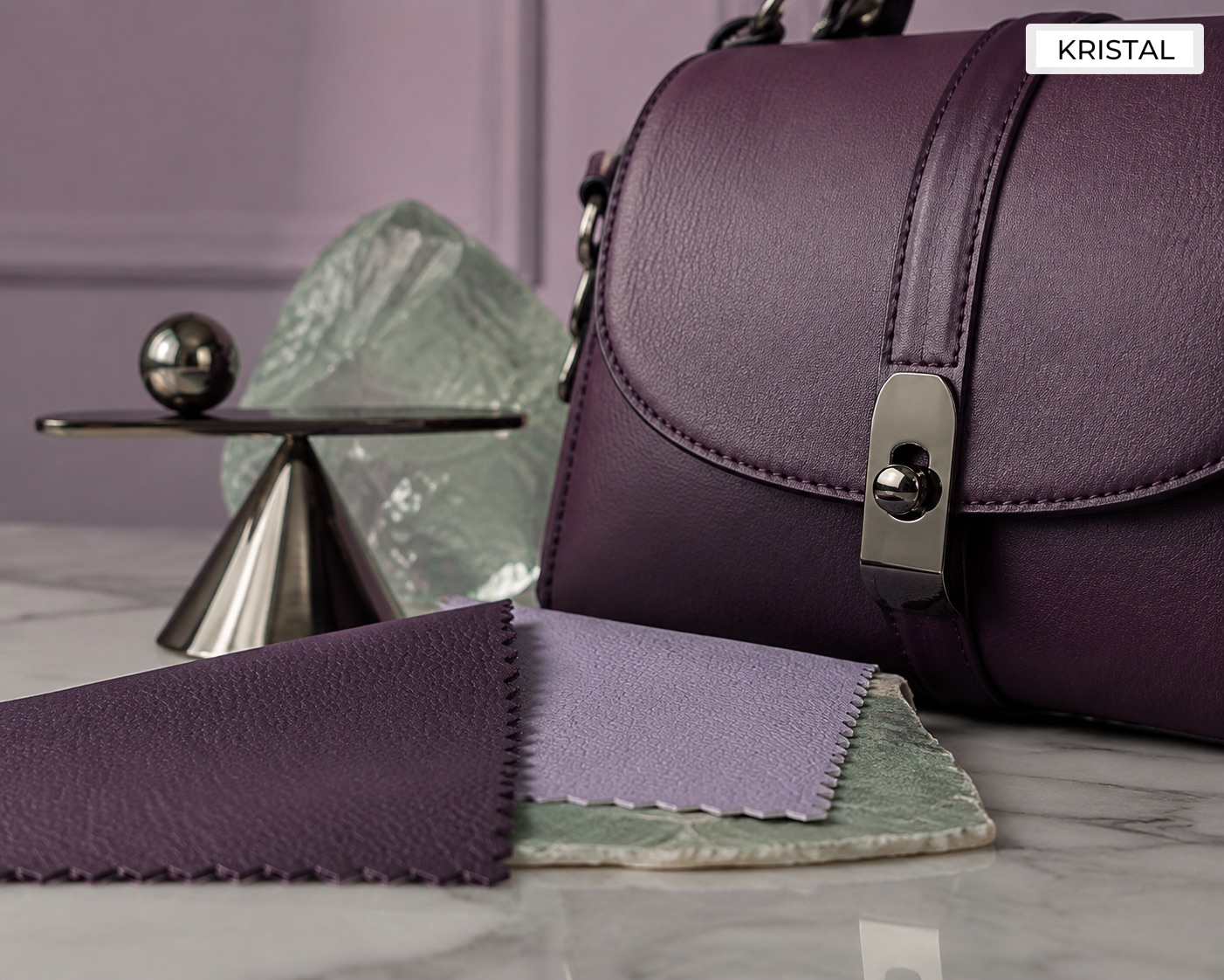 Purple unbranded luxury bag with leather swatches and abstract comparison forms