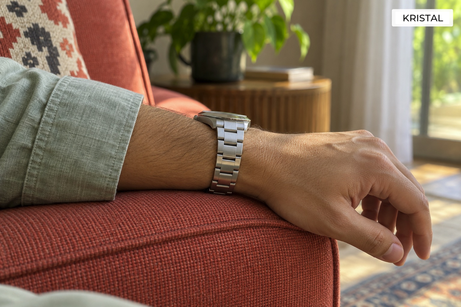 Side view of a steel watch and bracelet resting on a wrist beside a shirt cuff