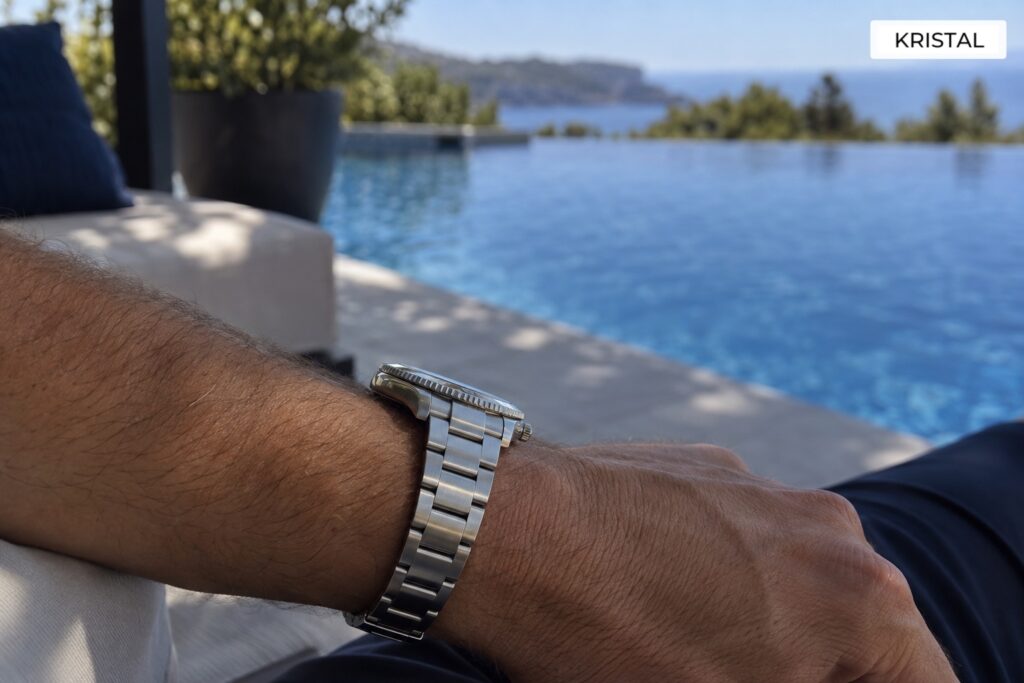 A dry stainless-steel watch worn beside a pool before entering the water