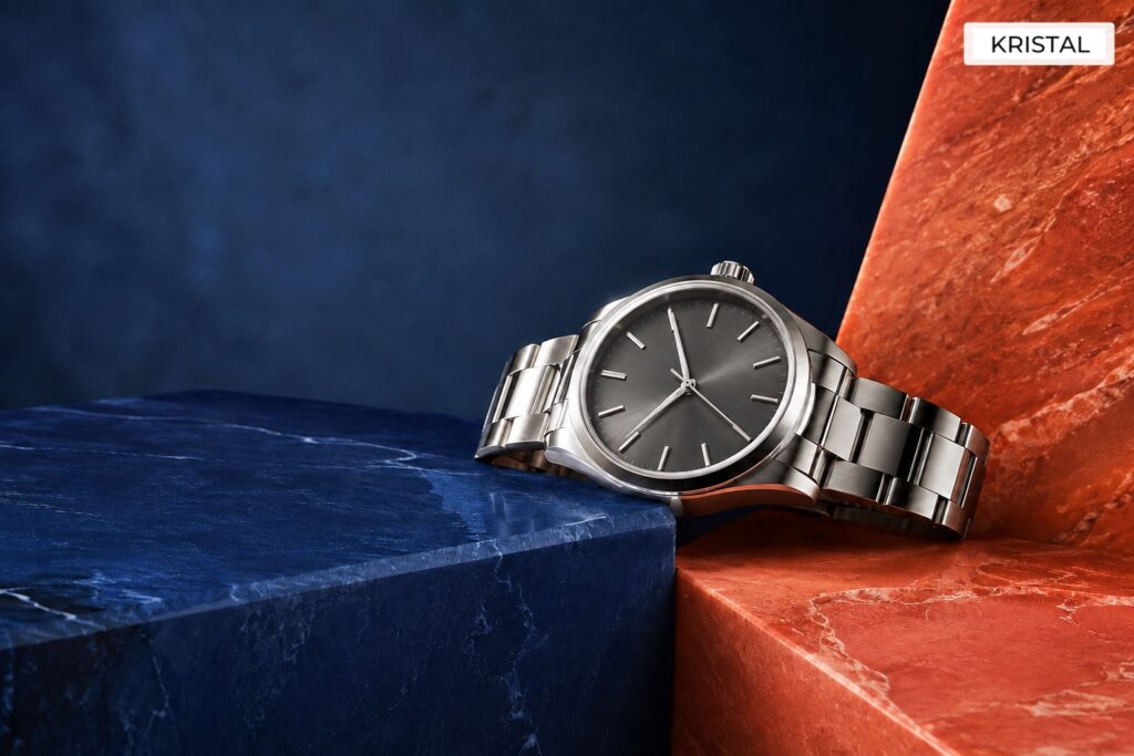 Unbranded luxury watch spanning contrasting architectural surfaces to represent insurance and resale valuation