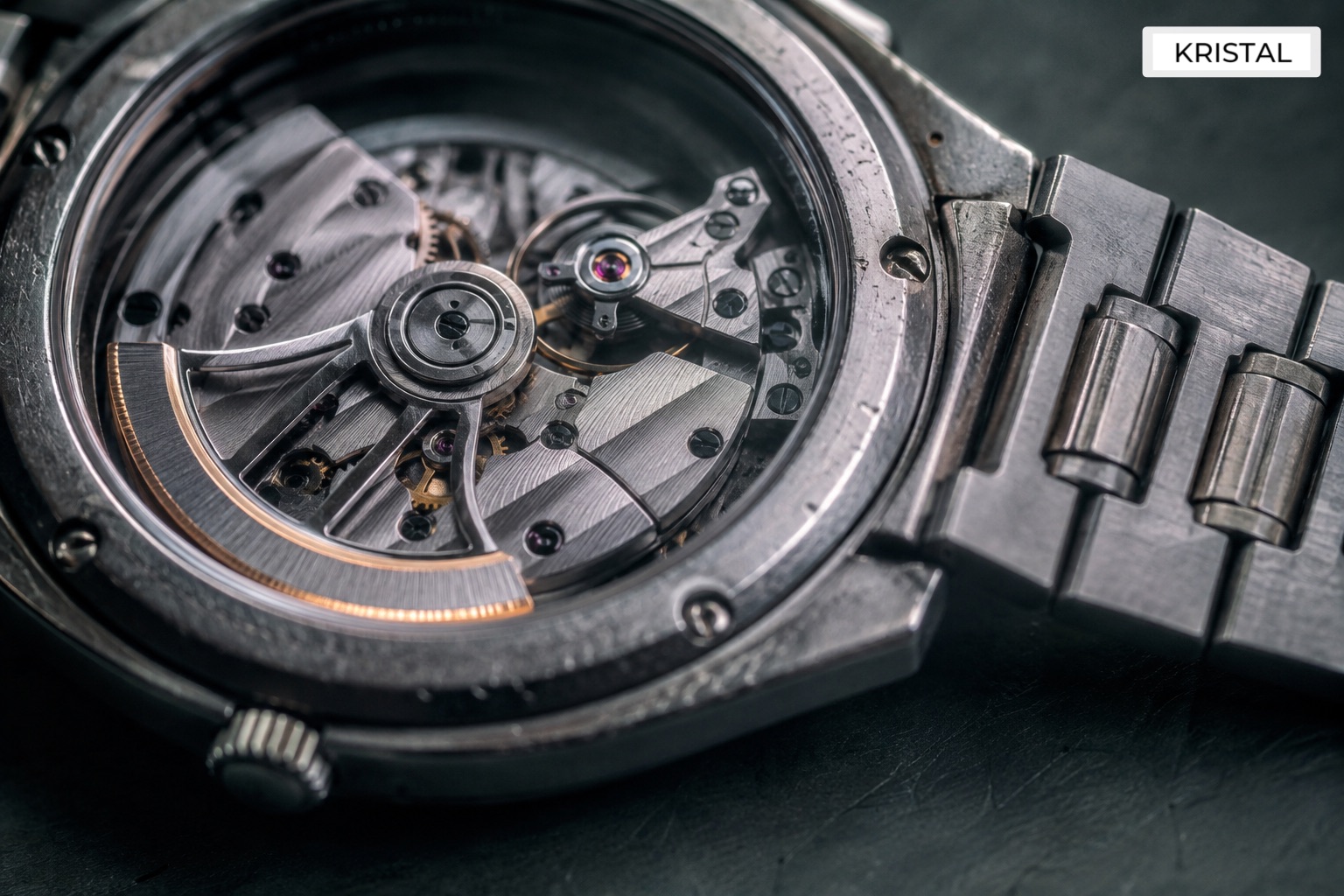 Macro inspection of an unbranded mechanical watch movement and case condition